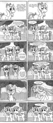 Size: 835x1920 | Tagged: safe, diamond tiara, silver spoon, oc, oc:moxie, oc:stella lux, g4, blank flank, comeback, comic, filly, hilarious in hindsight, monochrome, sketch, surprised, tail bow, teasing, transgender