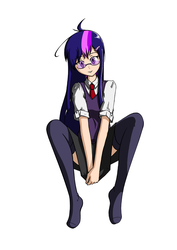 Size: 1240x1754 | Tagged: safe, artist:junker-kun, twilight sparkle, human, g4, clothes, glasses, humanized, miniskirt, skirt, thigh highs, thigh socks, upskirt denied