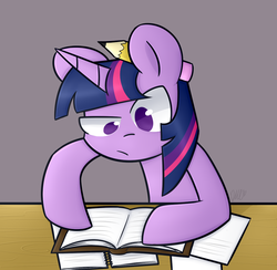 Size: 1024x1000 | Tagged: safe, artist:flutternutpie, twilight sparkle, pony, unicorn, g4, book, female, mare, no pupils, paper, pencil, simple background, solo, studying