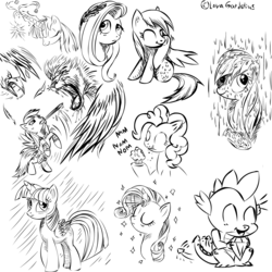 Size: 2000x2000 | Tagged: safe, artist:lova-gardelius, applejack, derpy hooves, fluttershy, pinkie pie, rainbow dash, rarity, spike, twilight sparkle, oc, oc:fausticorn, alicorn, pony, g4, black and white, female, grayscale, high res, mane seven, mane six, mare, monochrome, pixiv, sword, twilight sparkle (alicorn), wet mane