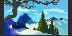 Size: 1280x646 | Tagged: safe, artist:verrmont, princess luna, alicorn, pony, lunadoodle, g4, female, mountain, painting, prone, scenery, snow, solo