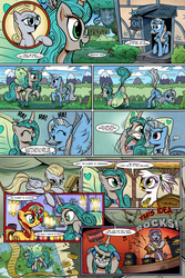Size: 1280x1920 | Tagged: safe, artist:gray--day, derpy hooves, gilda, maud pie, queen chrysalis, sunset shimmer, trixie, alicorn, griffon, pony, comic:of kings and changelings, alternate hairstyle, alternate universe, bright eyes (mirror universe), comic, dark mirror universe, fangs, glasses, guitar, i can't believe it's not idw, mirror universe, race swap, reversalis, sunshine sunshine, trixiecorn