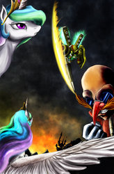 Size: 600x917 | Tagged: safe, artist:d-lowell, princess celestia, g4, crossover, doctor eggman, egg emperor, fight, male, sonic the hedgehog (series)