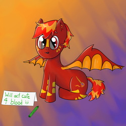 Size: 1287x1287 | Tagged: safe, artist:gregpone, oc, oc only, oc:ember dim, vampire, vampony, :o, crayon, cute, fangs, looking at you, october, sitting, spread wings, young