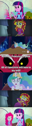 Size: 500x1955 | Tagged: safe, lord tirek, pinkie pie, princess celestia, sunset shimmer, twilight sparkle, equestria girls, g4, my little pony equestria girls: rainbow rocks, celestia's nightmare, exploitable meme, image macro, meme, memeception, pinkie sticks her face into the portal meme, sunset screamer, tirek vs everyone meme, twilight sparkle (alicorn)