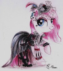 Size: 1024x1156 | Tagged: safe, artist:lailyren, pinkie pie, g4, boots, clothes, dress, eyeshadow, female, goth, gothic, makeup, pinkamena diane pie, raised hoof, sketch, smiling, solo, spiked wristband