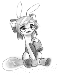 Size: 562x719 | Tagged: safe, artist:alloyrabbit, oc, oc only, oc:sequoia, pony, blushing, boots, bunny ears, clothes, giant pony, giant/macro earth pony, glasses, hair bow, macro, monochrome, open mouth, raised hoof, sitting, solo