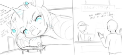 Size: 1500x677 | Tagged: dead source, safe, artist:alloyrabbit, oc, oc only, oc:orchid, human, kaiju, kaiju pony, pony, 2 panel comic, comic, desk, giant pony, horn, macro, partial color, sketch, tongue out