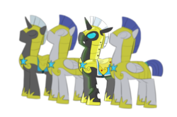 Size: 4088x2722 | Tagged: safe, artist:carnifex, oc, oc:idol hooves, changeling, pegasus, pony, unicorn, fanfic:the changeling of the guard, changeling oc, fanfic art, fanfic cover, male, one of these things is not like the others, pegasus royal guard, pun, royal guard, simple background, stallion, transparent background, unicorn royal guard