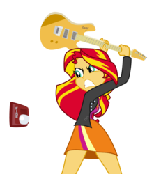 Size: 901x1021 | Tagged: safe, artist:mohawgo, sunset shimmer, equestria girls, g4, clothes, electric guitar, female, fire alarm, gritted teeth, guitar, jimmy (guitar), looking at something, musical instrument, simple background, solo, sunset shimmer the siren slayer, teeth, transparent background, vector