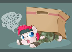 Size: 1280x933 | Tagged: safe, artist:cuddlehooves, oc, oc only, oc:tristen, cardboard box, diaper, foal, i need scissors, konami, metal gear, metal gear solid