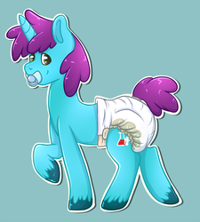 Size: 898x1000 | Tagged: safe, artist:laydeekaze, oc, oc only, oc:vitriol ink, adult foal, diaper, male, non-baby in diaper, pacifier, poofy diaper, solo