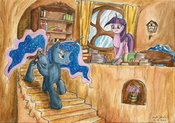 Size: 2321x1631 | Tagged: safe, artist:souleatersaku90, princess luna, twilight sparkle, g4, fanfic art, golden oaks library, missing accessory, the simple life, traditional art, watercolor painting