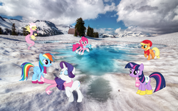 Size: 2560x1600 | Tagged: safe, artist:cheezedoodle96, artist:philiptomkins, artist:quanno3, artist:tygerbug, applejack, fluttershy, pinkie pie, rainbow dash, rarity, twilight sparkle, earth pony, pegasus, pony, unicorn, g4, boots, clothes, female, hat, ice, ice skates, ice skating, irl, mare, photo, ponies in real life, saddle, scarf, skates, snow, snow day
