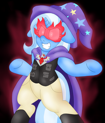 Size: 1575x1843 | Tagged: safe, artist:blackbewhite2k7, trixie, pony, g4, amulet, aura, bipedal, commission, evil smile, female, glowing eyes, solo