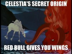 Size: 1152x864 | Tagged: safe, artist:rankin-bass, screencap, alicorn, pony, unicorn, g4, amalthea, energy drink, implied princess celestia, pun, red bull, the last unicorn, the red bull