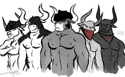 Size: 1024x634 | Tagged: safe, artist:bgn, idw, angus mcsteer, buffalo bull, doc holstein, jersey shore, king longhorn, bull, anthro, friends forever #8, g4, my little pony: friends forever, spoiler:comic, bandana, cattle rustlers, male, muscles, show accurate clothing, the cow rustler gang