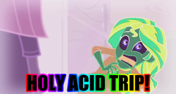 Size: 1347x721 | Tagged: safe, edit, edited screencap, screencap, maud pie, sunset shimmer, equestria girls, g4, my little pony equestria girls: rainbow rocks, caption, holy acid trip, jojo's bizarre adventure abridged, reference, sunset screamer