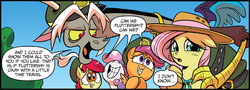Size: 1487x534 | Tagged: safe, idw, apple bloom, discord, fluttershy, scootaloo, sweetie belle, g4, spoiler:comic, spoiler:comic24, filly guides, looking at you