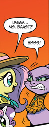 Size: 303x774 | Tagged: safe, idw, official comic, baast, fluttershy, sweetie belle, cat, pegasus, pony, unicorn, friendship is magic #24, g4, my little pony: friendship is magic (idw), spoiler:comic, behaving like a cat, cheek fluff, chest fluff, colored sclera, eye contact, female, filly, glare, gradient background, gritted teeth, hissing, looking at each other, mare, open mouth, orange background, simple background, smiling, speech bubble