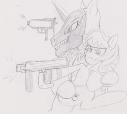 Size: 1097x983 | Tagged: safe, artist:mytatsur, octavia melody, g4, black mask, crossover shipping, gun, ponified, sketch