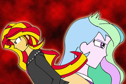 Size: 1100x733 | Tagged: safe, artist:combatkaiser, princess celestia, principal celestia, sunset shimmer, equestria girls, g4