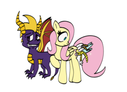 Size: 1100x800 | Tagged: safe, artist:turkleson, fluttershy, dragon, dragonfly, insect, pegasus, pony, g4, butt bite, sparx the dragonfly, spyro the dragon, spyro the dragon (series), trio