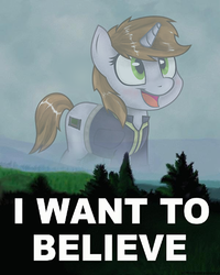 Size: 417x521 | Tagged: safe, artist:teschke, oc, oc only, oc:littlepip, pony, unicorn, fallout equestria, clothes, cute, fanfic, fanfic art, female, i want to believe, jumpsuit, mare, meme, solo, the x files, vault suit, x-files