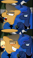 Size: 1576x2736 | Tagged: safe, artist:ajmstudios, princess luna, oc, oc:sergeant brass, g4, ain't having it, blank, blank comic, blushing, comic, fill in the blanks, humor, scootaloo's scootaquest, unamused