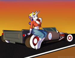 Size: 1657x1280 | Tagged: safe, artist:hobbsmeerkat, rarity, anthro, unguligrade anthro, g4, bandana, belly button, car, front knot midriff, hot rod, implied rarijack, midriff, pinup, rockabilly, sitting, v8