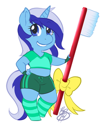 Size: 1280x1456 | Tagged: safe, artist:collaredginger, minuette, anthro, g4, chubby, clothes, female, midriff, socks, solo, striped socks, toothbrush