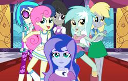 Size: 1024x646 | Tagged: safe, bon bon, derpy hooves, dj pon-3, lyra heartstrings, octavia melody, princess luna, sweetie drops, vice principal luna, vinyl scratch, equestria girls, g4, 1000 years in photoshop, alternate mane six, background five, wallpaper