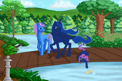 Size: 900x596 | Tagged: safe, artist:auriaslayer, princess luna, oc, oc:azure night, oc:seline, fish, g4, azuna, bridge, canon x oc, family, father and daughter, incomplete, mother and daughter, offspring, parent:oc:azure night, parent:princess luna, parents:azuna, parents:canon x oc, wip