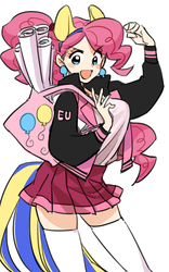 Size: 500x800 | Tagged: safe, artist:bartolomeus_, pinkie pie, human, g4, blushing, clothes, female, humanized, jacket, looking at you, pony ears, skirt, socks, solo, stockings, thigh highs, varsity jacket