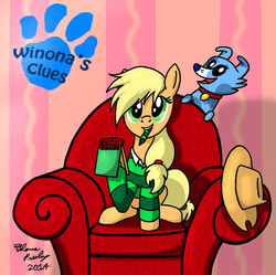 Size: 1270x1263 | Tagged: safe, artist:meganekkoplymouth241, applejack, winona, dog, earth pony, pony, g4, applejack's hat, armchair, blue (blue's clues), blue's clues, chair, clothes, cowboy hat, crayon, crossover, green shirt, handy-dandy notebook, hat, mouth hold, notebook, parody, paw print, shirt, steve (blue's clues), striped shirt, thinking chair