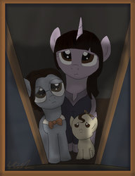 Size: 1024x1333 | Tagged: safe, artist:qemma, a series of unfortunate events, klaus baudelaire, ponified, sunny baudelaire, violet baudelaire