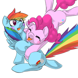 Size: 1000x1000 | Tagged: safe, artist:ushiro no kukan, pinkie pie, rainbow dash, g4, blushing, female, glomp, hug from behind, lesbian, pixiv, ship:pinkiedash, shipping, surprised, tailboner