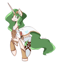 Size: 863x977 | Tagged: safe, artist:spaerk, pony, unicorn, clothes, dress, female, grin, jewelry, kid icarus, looking at you, mare, mlpgdraws, palutena, ponified, raised hoof, raised leg, simple background, smiling, sock, solo, transparent background, vector