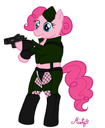 Size: 931x1130 | Tagged: safe, artist:dippywerewolf, pinkie pie, earth pony, pony, g4, amber (sucker punch), bipedal, crossover, female, gun, solo, sucker punch, weapon