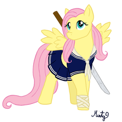 Size: 1064x1060 | Tagged: safe, artist:dippywerewolf, fluttershy, g4, babydoll (sucker punch), clothes, crossover, female, katana, solo, sucker punch, sword, weapon