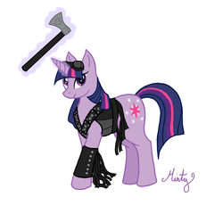 Size: 1429x1421 | Tagged: safe, artist:dippywerewolf, twilight sparkle, g4, axe, blondie (sucker punch), clothes, crossover, female, magic, solo, sucker punch, weapon