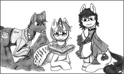 Size: 1024x620 | Tagged: safe, artist:zhaozoharex, twilight velvet, oc, oc:bluff bounty, oc:sleuth slewfoot, earth pony, pony, unicorn, g4, book, magic aura, monochrome, writer