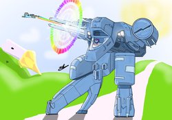 Size: 900x630 | Tagged: safe, artist:tsparkx, rainbow dash, trixie, pony, unicorn, g4, artifact, crossover, female, flying, konami, mare, metal gear, metal gear rex, metal gear solid, shooting, sonic rainboom