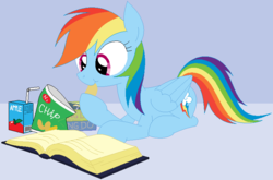 Size: 772x509 | Tagged: safe, artist:hyolark, rainbow dash, pegasus, pony, g4, apple juice, book, chips, eating, female, food, juice, juice box, ms paint, reading, snacks, solo