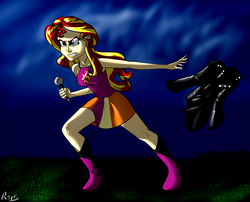 Size: 4325x3500 | Tagged: safe, artist:drizziedoodles, sunset shimmer, equestria girls, g4, my little pony equestria girls: rainbow rocks, clothes, dress, female, humanized, jacket, leather jacket, legs, microphone, now you fucked up, scene interpretation, skirt, sleeveless, sleeveless dress, solo, the coats are off
