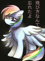Size: 900x1220 | Tagged: safe, artist:marihico, rainbow dash, g4, depressed, female, japanese, solo, translated in the comments