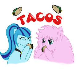 Size: 1024x1024 | Tagged: safe, artist:countessmrose, sonata dusk, oc, oc:fluffle puff, earth pony, pony, g4, duo, ponified, sonataco, taco, that girl sure loves tacos, that pony sure does love tacos, that siren sure does love tacos