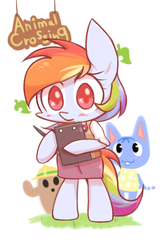 Size: 800x1200 | Tagged: safe, artist:joycall6, rainbow dash, pony, semi-anthro, g4, animal crossing, bipedal, blushing, clipboard, clothes, crossover, female, mare, simple background, solo, white background, wingless