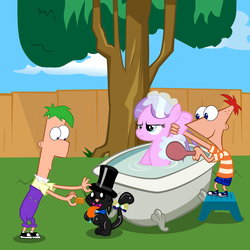 Size: 1635x1635 | Tagged: safe, artist:magerblutooth, diamond tiara, oc, oc:dazzle, cat, g4, bath, bathtub, bubble, claw foot bathtub, crossover, ferb fletcher, phineas and ferb, phineas flynn, reference, wet mane