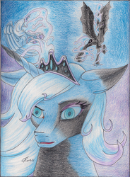 Size: 1655x2243 | Tagged: safe, artist:rmcas125, nightmare moon, princess luna, alicorn, pony, g4, female, mare, mid-transformation, nightmare luna, open mouth, solo, traditional art, transformation